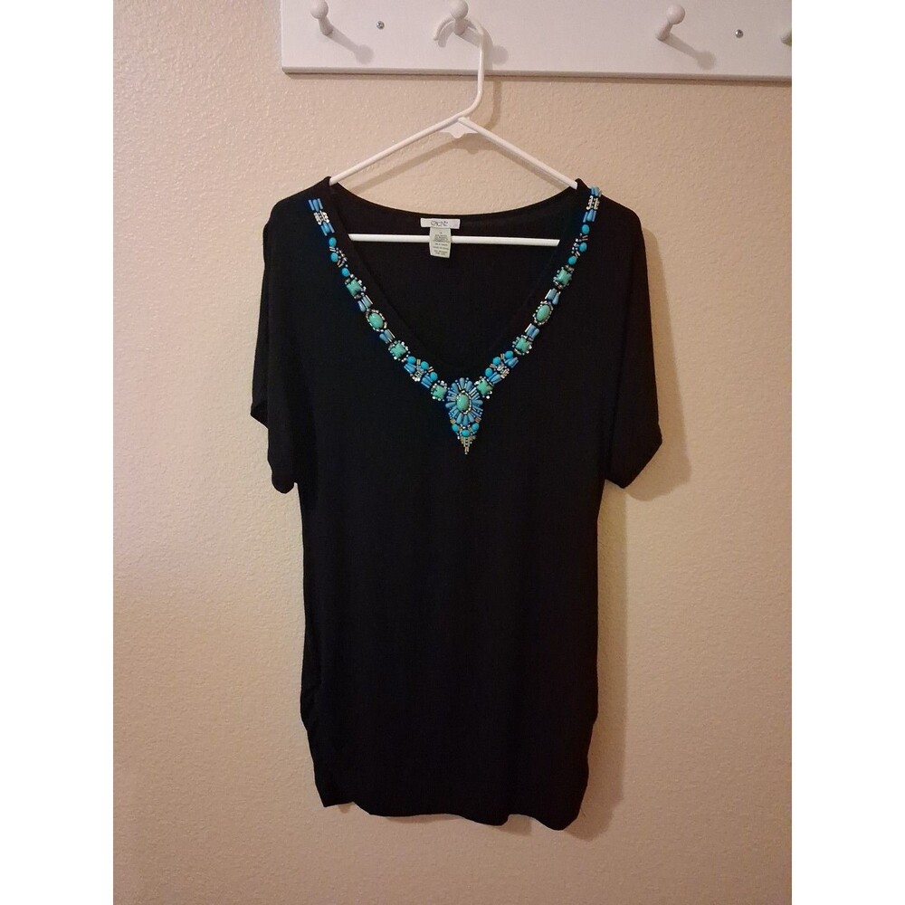 Cache Blouse Womens Size M Turquoise Beaded with split sleeves Western Cowboy